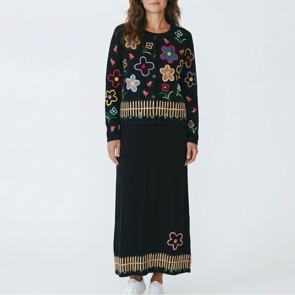 Michael Simon Lite Cardigan Dress Set Floral Embroidered Vintage Outfit Cottage